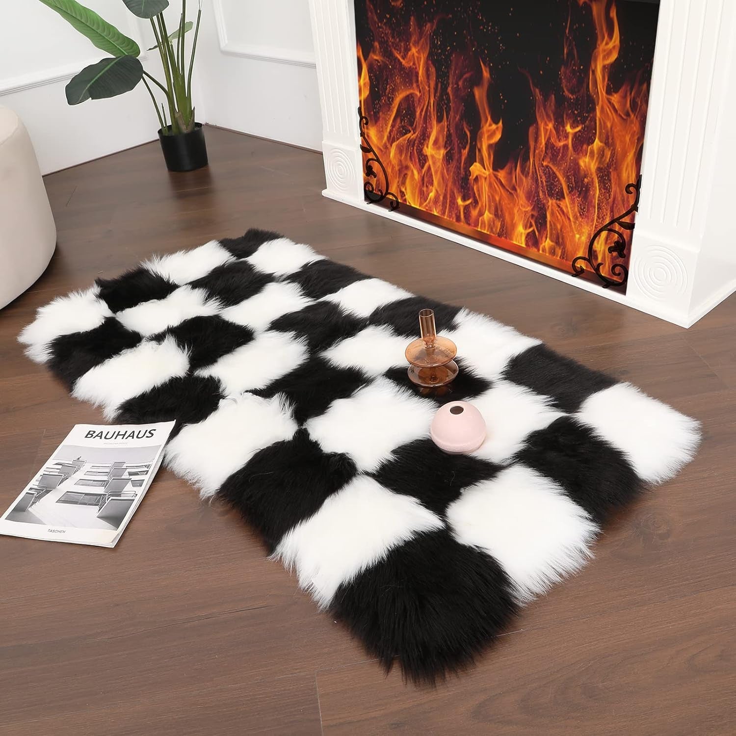 2×4 Area Rug for Living Room, Black and White Fluffy Shag Fuzzy Plush Soft Checkered Rugs for Bedroom, Shaggy Rug Floor Carpets for Kids Teen Dorm Home Decor Aesthetic, Boys and Girls Room