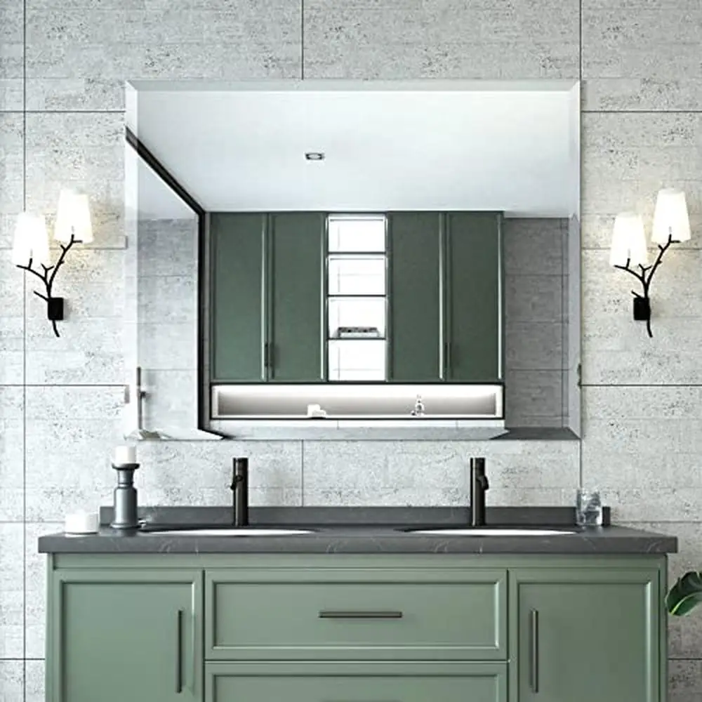40X32 Beveled Edge Frameless Bathroom Vanity Mirror Hangs Horizontally or Vertically Modern Elegant Design Safe Installation