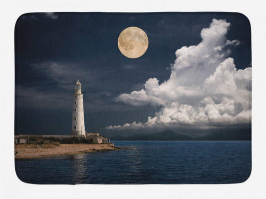 Moon Bath Mat, Old Lighthouse by the Sea White Clouds and Calm Ocean Landscape Photo, Plush Bathroom Decor Mat with Non Slip Backing, 30.2" X 20", Dark Blue Ivory White