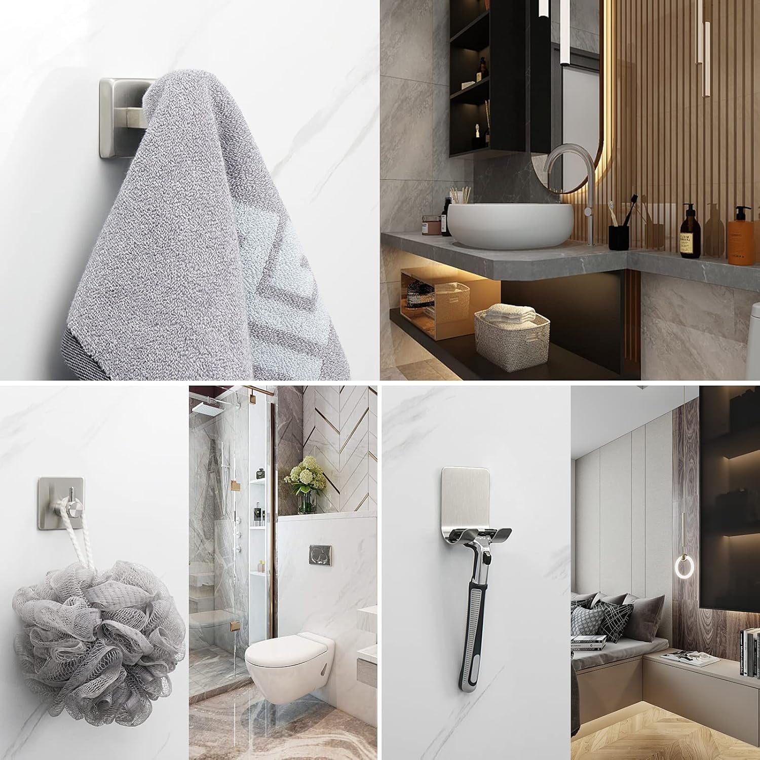 7 Pieces Bathroom Hardware Set 304 Stainless Steel-Square Towel Rack Set Include 24" Towel Rod+ 10" Hand Towel Bar+ Toilet Paper Holder+ 4Robe Towel Hooks Bathroom Accessories(Brushed Nickel)