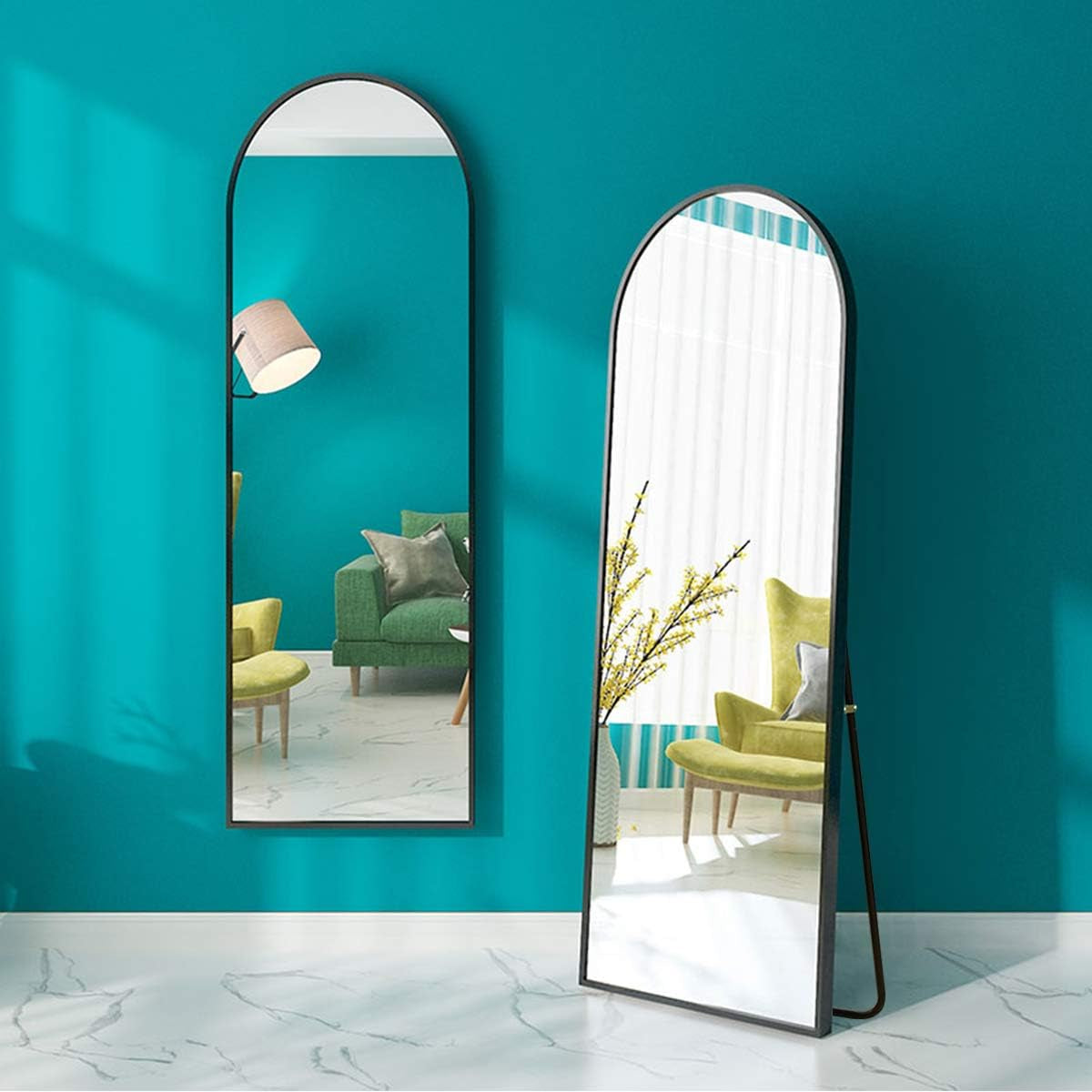 64" X 21" Arched Full Length Mirror Floor Mirror with Aluminum Alloy Frame Full Body Mirror Stand Mirror Wall Mounted Mirror for Bedroom Living Room - Black