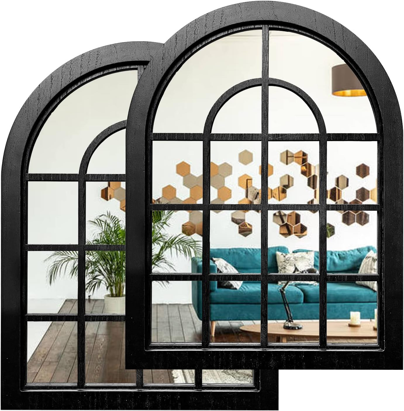 2PCS Arched Window Wall Mirror,Rustic Farmhouse Accent Mirror, Wood Framed Entry Mirror for Living Room,Bathroom,Bedroom,Kitchen,15.7X11.8 Inches