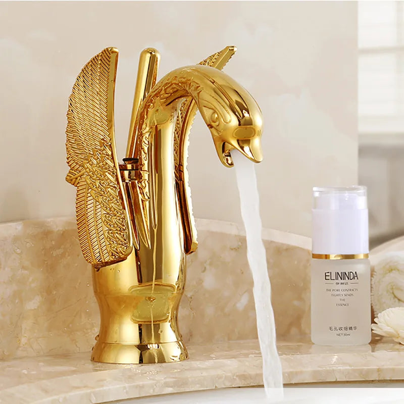 Gold White Brass Basin Faucets Swan Mixer Hot Cold Sink Single Hole Handle Water Tap Deck Mounted Copper Bathroom Accessories