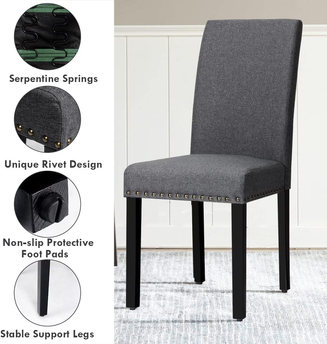 Upholstered Dining Chairs, High Back Fabric Side Chairs W/Nailhead Trim, Wood Legs, Kitchen Chairs for Dining Room Living Room, Set of 2 (Dark Grey)