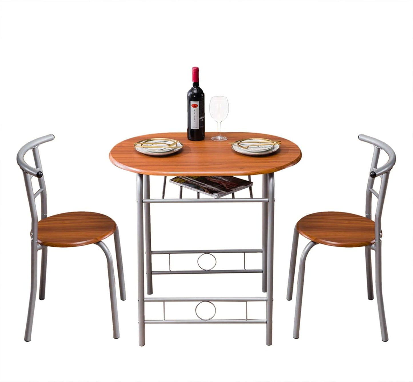 3 Piece Dining Table Set Kitchen Wood Dining Table Furniture Set and 2 Chairs Wooden round Table & Chair Set Compact Space with Steel Frame and Wine Rack for Kitchen, Dining Room (Ship from USA)