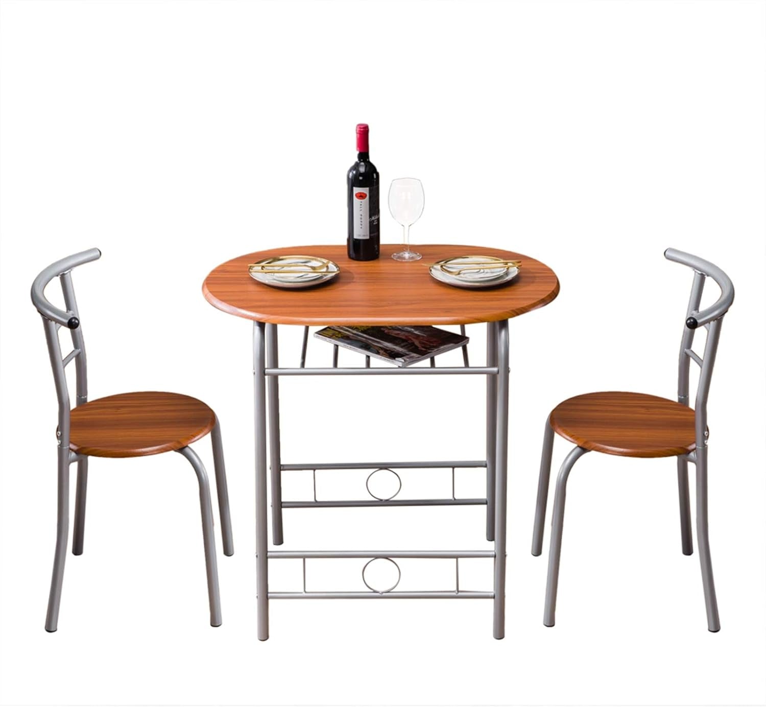 3 Piece Dining Table Set Kitchen Wood Dining Table Furniture Set and 2 Chairs Wooden round Table & Chair Set Compact Space with Steel Frame and Wine Rack for Kitchen, Dining Room (Ship from USA)