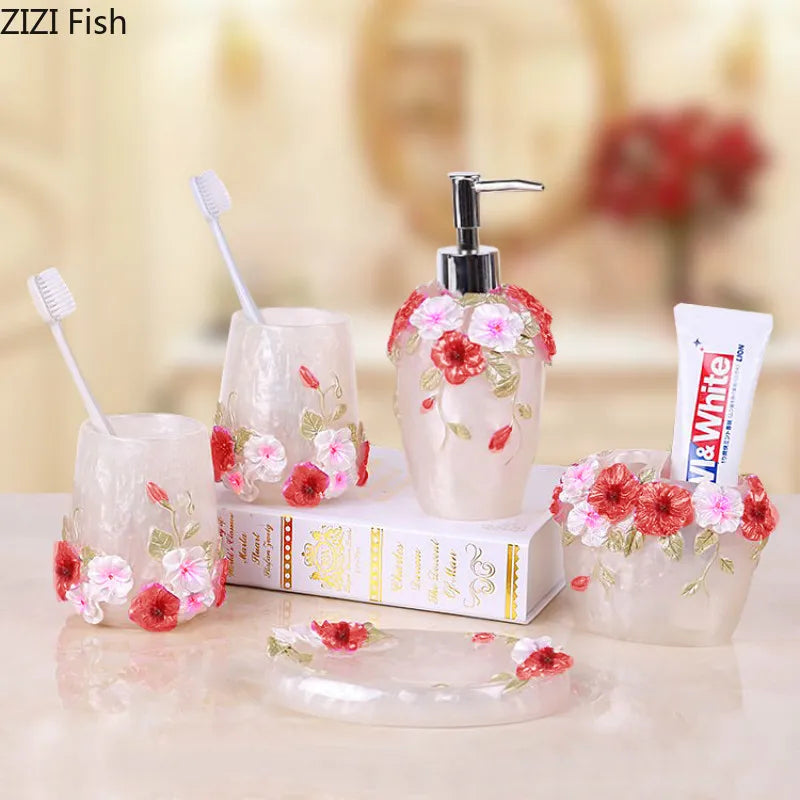 Emboss Bathroom Supplies Lotion Bottle Toothbrush Cup Resin Bathroom Five-Piece Suit Household Bathroom Accessories