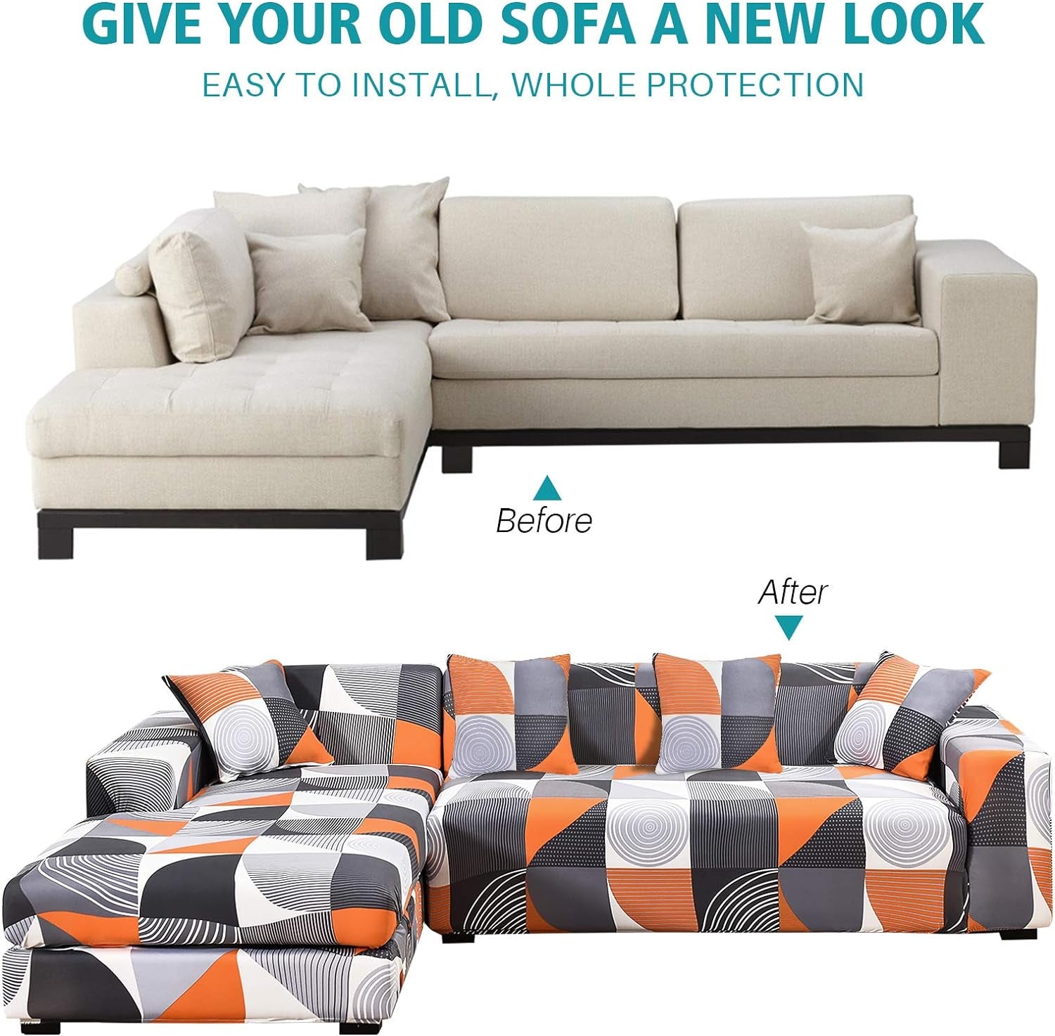L Shape Sofa Cover Sectional Couch Slipcover 2 Piece Stretchy Elastic 3 Seater Chaise Sofa Furniture Protector Slip Covers with 4Pcs Pillowcases for Living Room Pets Kids (Style-3063)