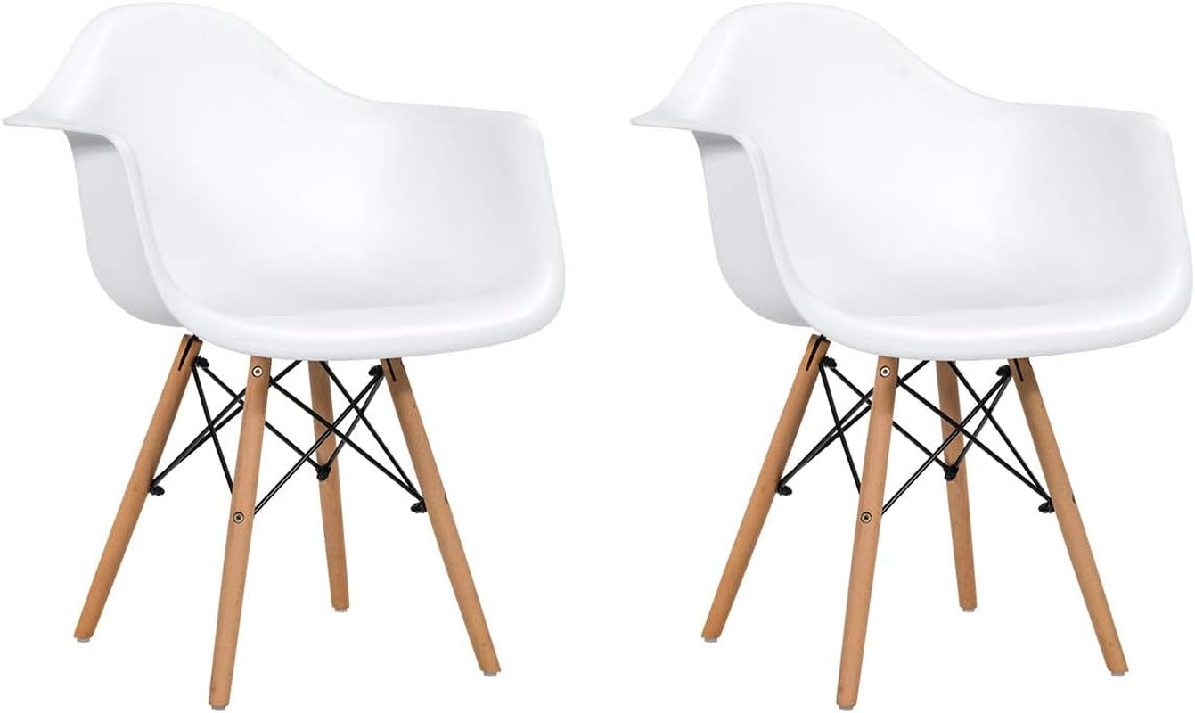 Dining Chairs Set of 2 White, Easily Assemble Modern Mid Century Dining Chairs with Wood Legs, Max Load to 330 Lbs, Plastic Kitchen Chairs with Arm for Dining Room