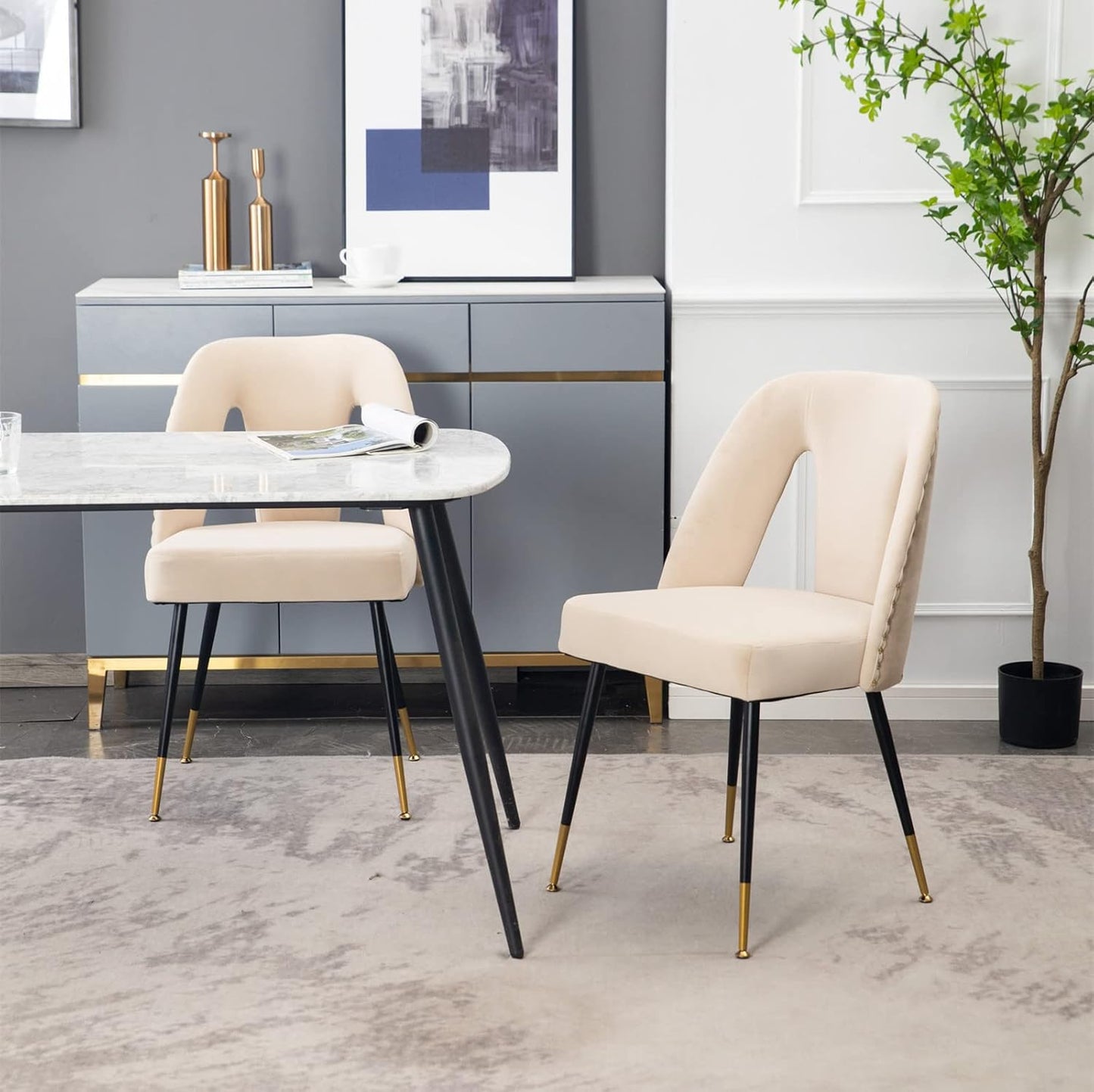 Upholstered Dining Chair with Nailheads and Gold Tipped Black Metal Legs,Velvet Dining Side Chair Vanity Chairs Living Dining Room Accent Arm Chairs for Kitchen Dining Room (1 Pcs,Beige)