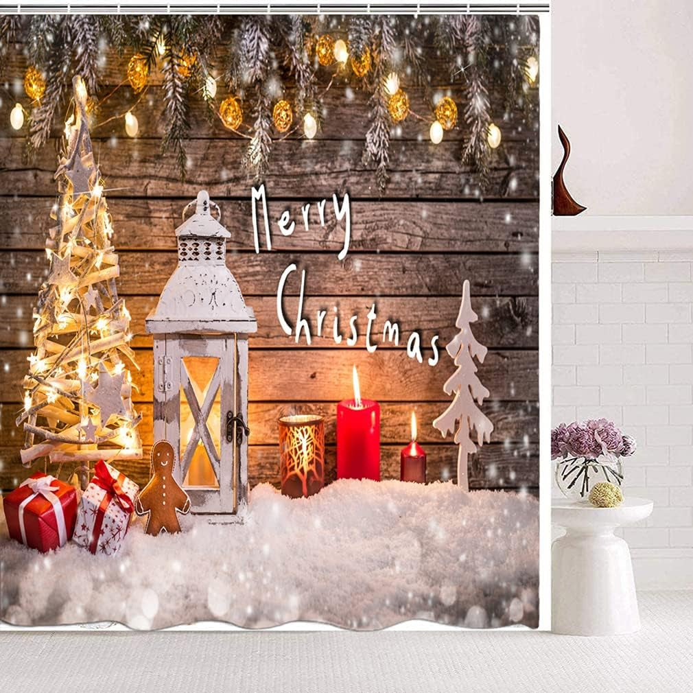 5 Pcs Wood Light Snow Christmas Tree Decor Merry Christmas Shower Curtain Sets with Rugs and Towels, Toilet Lid Cover, Bath Mat Festive Colorful Xmas Elements Bathroom Set
