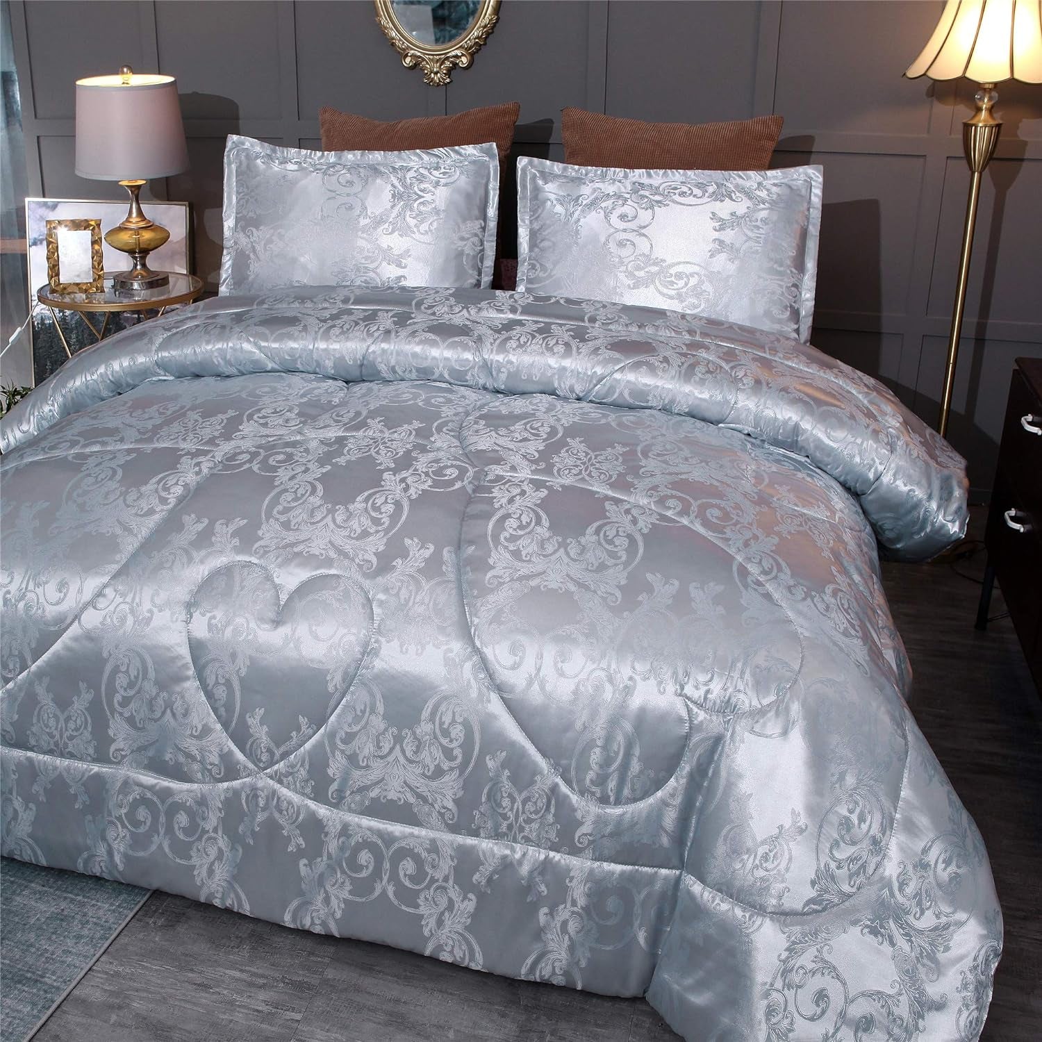 King Size Comforter Set, Silver Bedding Comforter Sets All Season Grey Bed Comforter King Set, Soft Lightweight Silk Jacquard Comforter Set with 2 Pillow Shams(King,104X90)