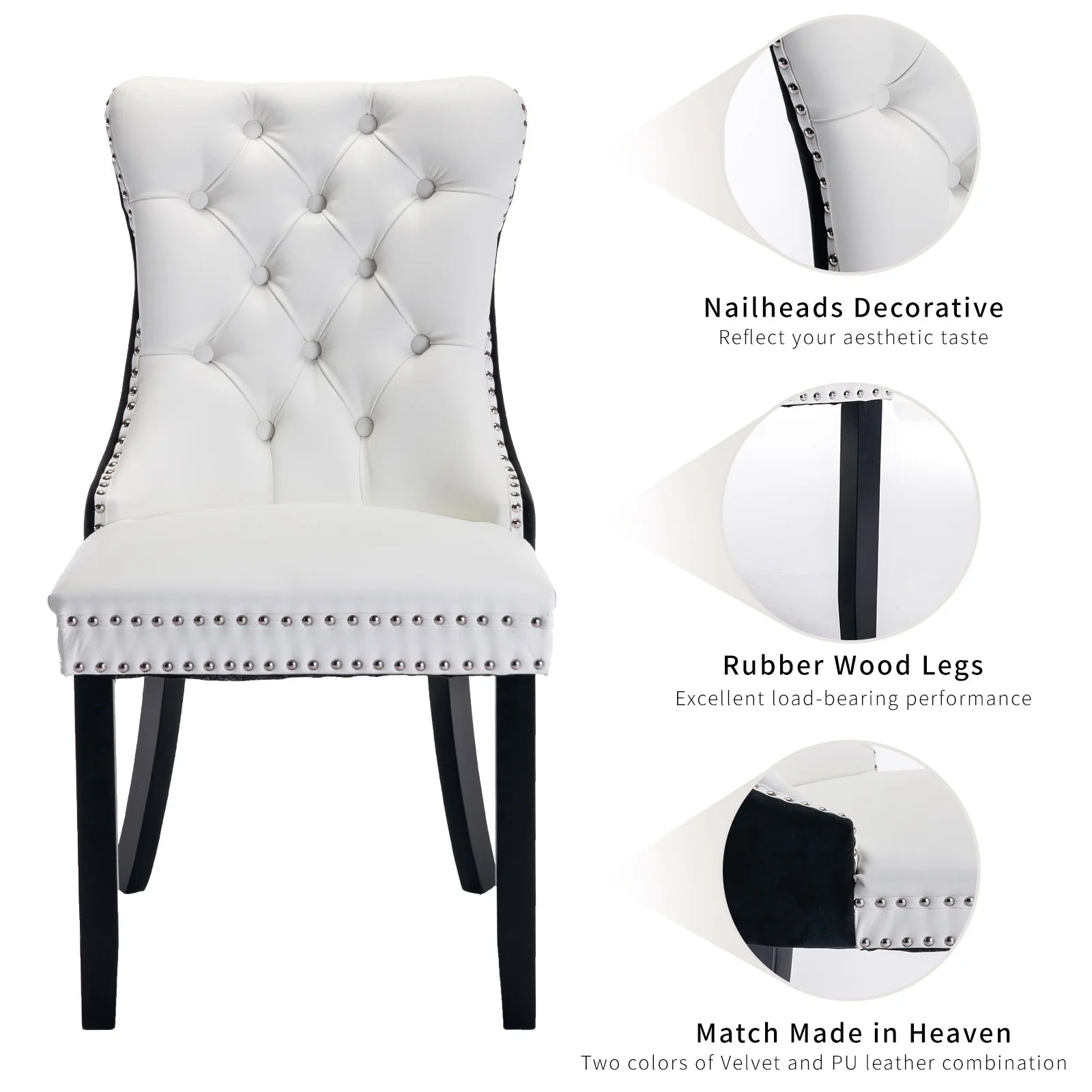 Dining Chairs Set of 2, Kitchen & Dining Room Chairs, Nailheads Tufted, Sillas De Comedor, White PU & Black Velvet Upholstered, Wood Legs (Two-Tone, 2 Pcs)