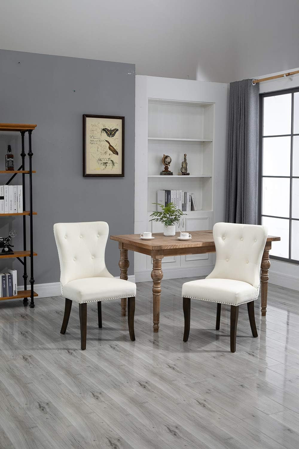 Dining Chairs Set of 2, Upholstered Cream Accent Chair Button Tufted Armless Chair with Nailhead Trim and Back Ring Pull, with Upgraded Size: 19.7 X 19.7 X 36.4 Inches