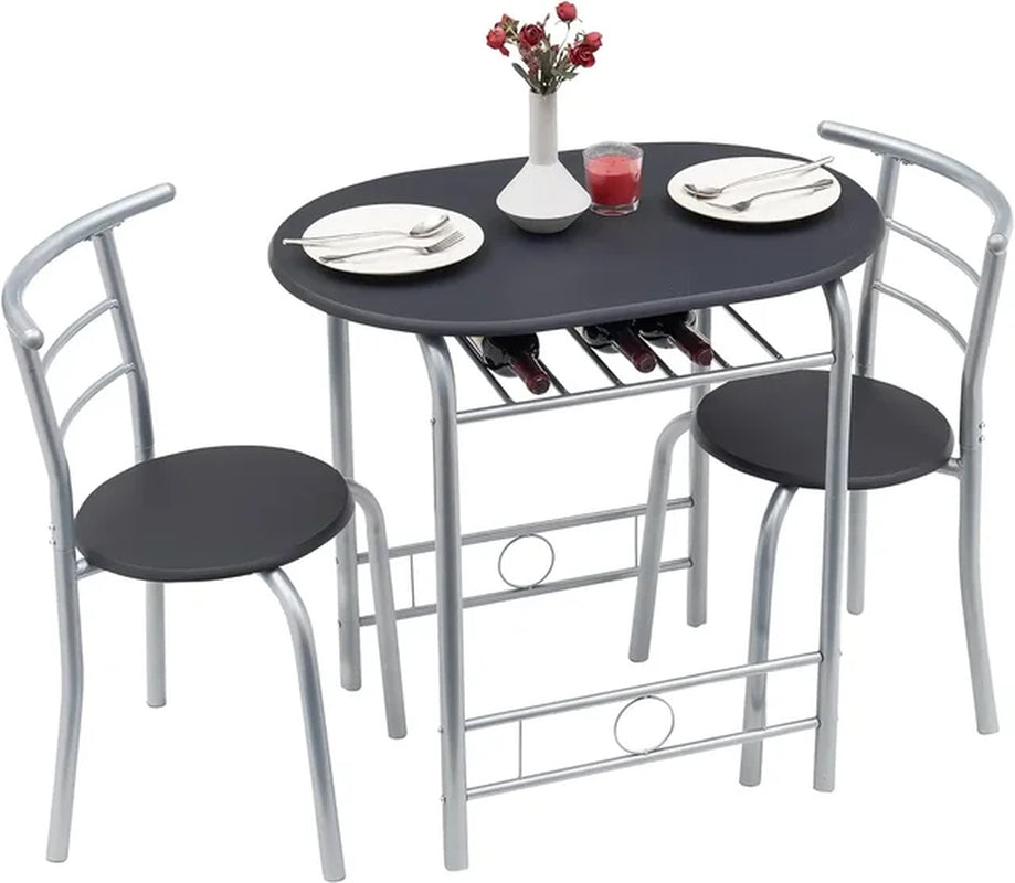 3 Piece Small round Dining Table Set for Kitchen Breakfast Nook, Wood Grain Tabletop with Wine Storage Rack, save Space, 31.5"