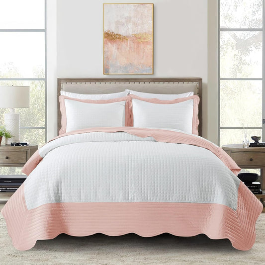 3-Piece King Quilt Set - Soft Warm Reversible Coverlet Bedspread Set (102 X 90 Inch) with 2 Pillow Sham (20 X 26 Inch), White and Pink