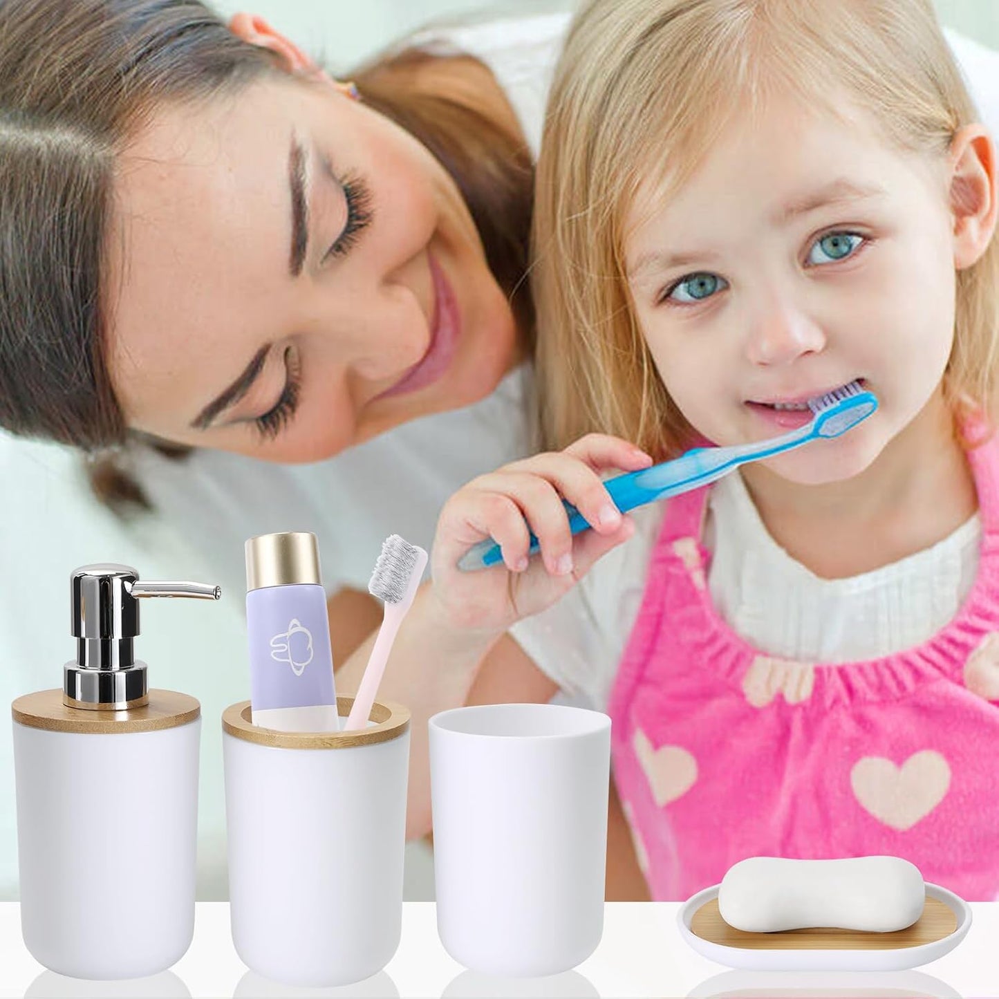 9 Pieces Bathroom Accessory Set, White Bathroom Accessories Set with Trash Can, Tray, Soap Dispenser, Toothbrush Holder, Toothbrush Cup, Soap Dish, Toilet Brush and Q-Tip Holders for Bathroom