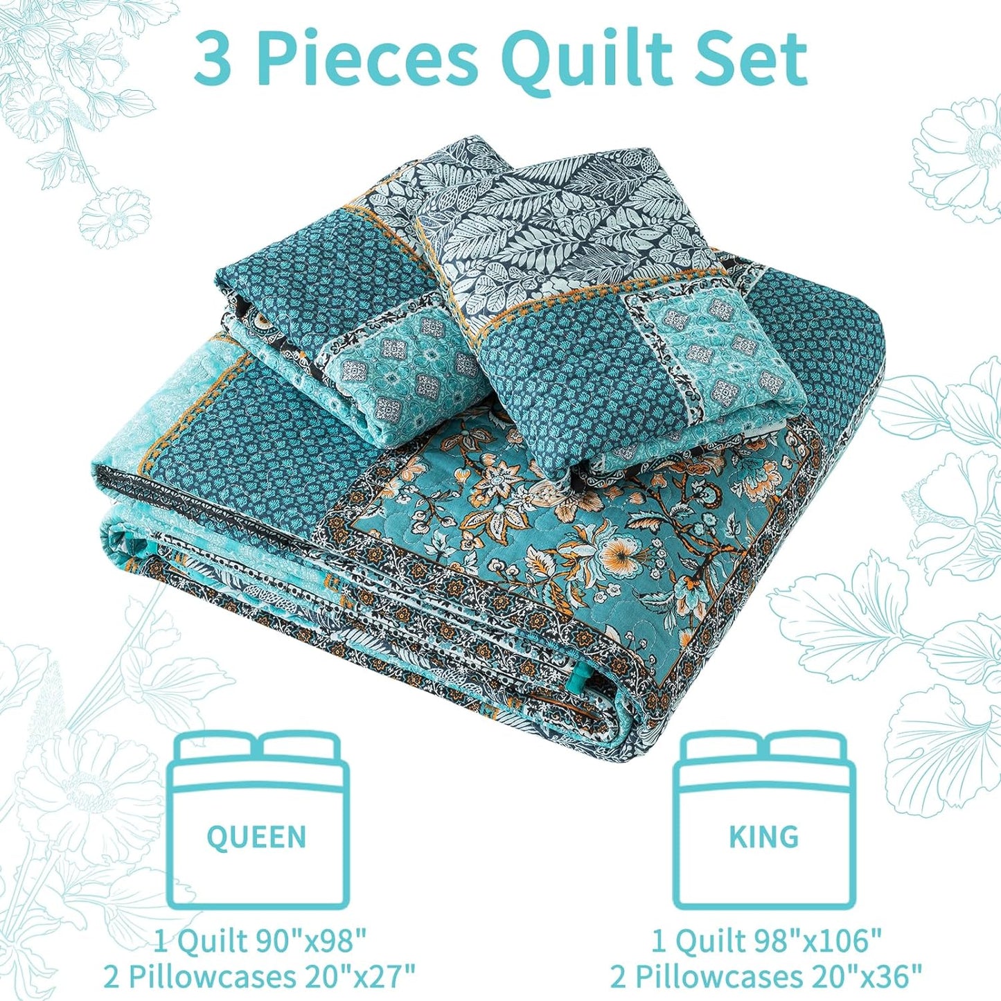 King Size Quilt Bedding Set - Soft Cotton King Size Bedspreads (98 * 106 In) - Lightweight Patchwork Floral Quilts for Farmhouse Bedroom (Teal/Green Chic, 3 Pieces)