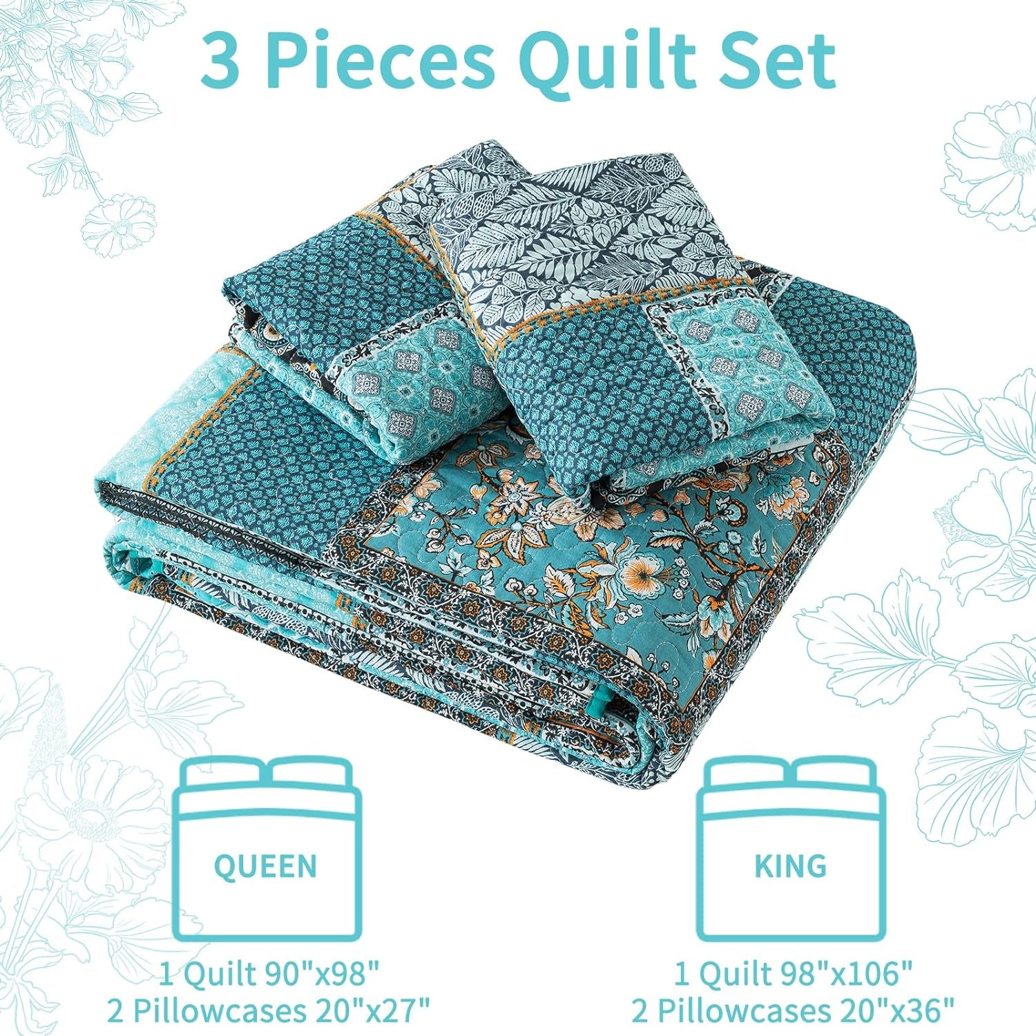 King Size Quilt Bedding Set - Soft Cotton King Size Bedspreads (98 * 106 In) - Lightweight Patchwork Floral Quilts for Farmhouse Bedroom (Teal/Green Chic, 3 Pieces)