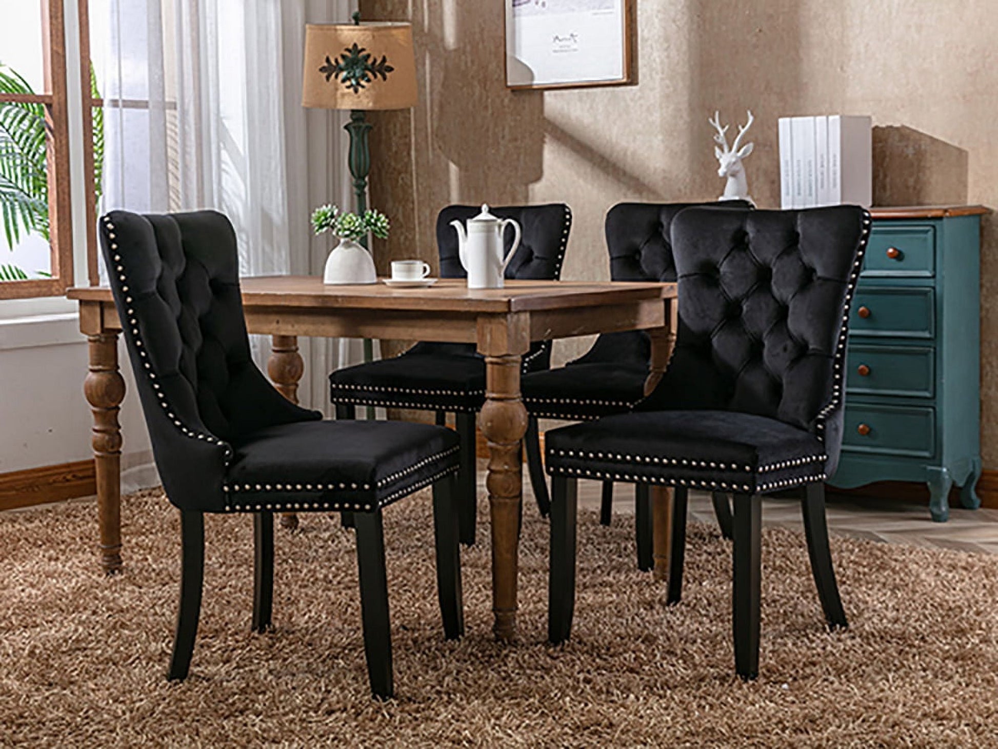 Black Velvet Dining Chairs Set of 2, Kitchen & Dining Room Chairs, Sillas De Comedor, Nailheads Tufted, Velvet Upholstered, Solid Wood (Black, 2 Pcs)