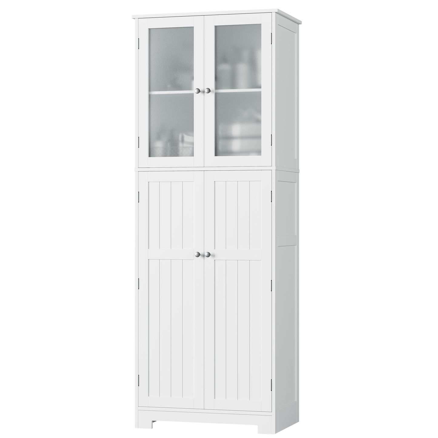 4 Doors Bathroom Cabinet with Frosted Glass Doors, Farmhouse Floor Wooden Linen Cabinet for Bathroom, White