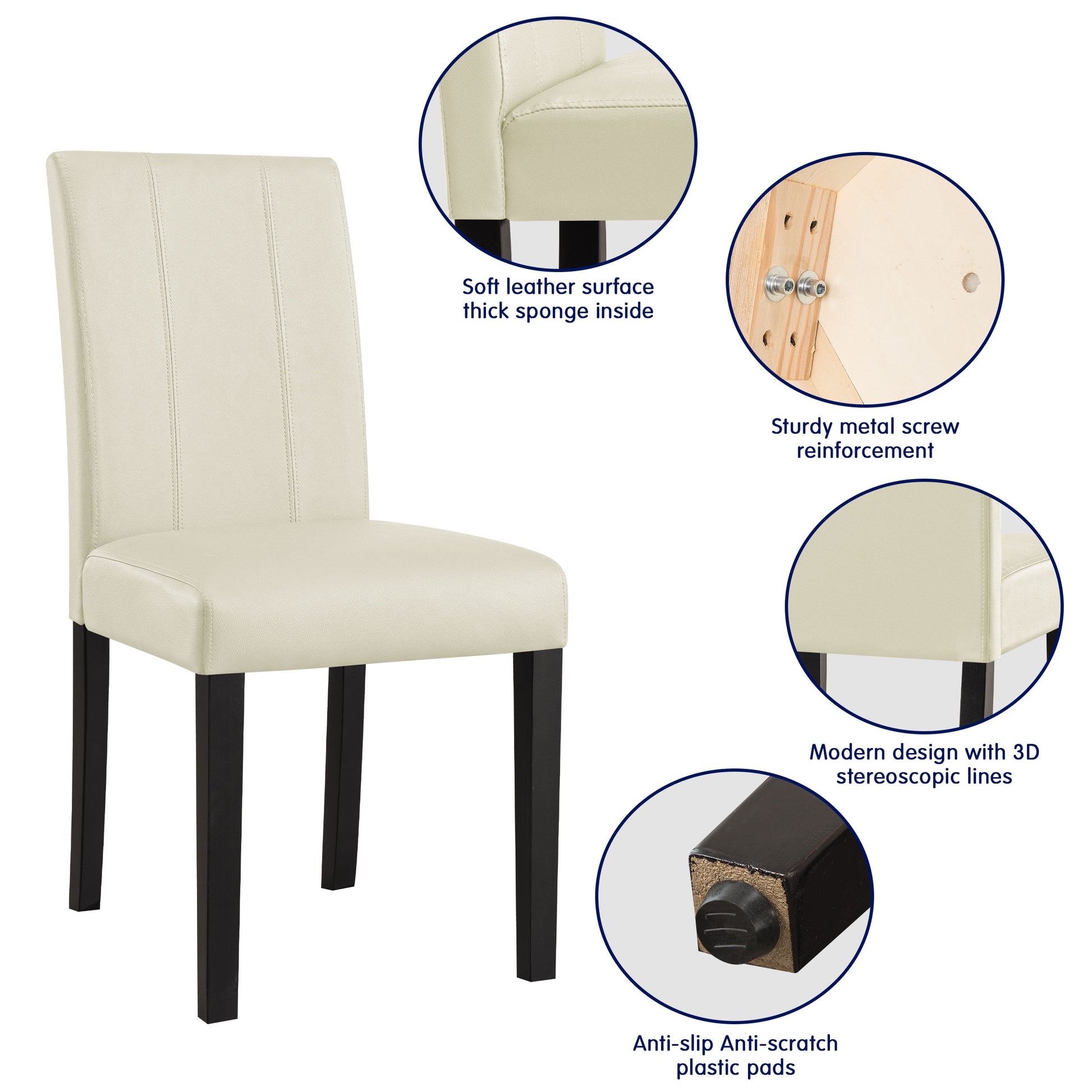 Faux Leather Indoor Dining Chair Set of 2, Modern Mid-Century Chairs for Home, Ivory