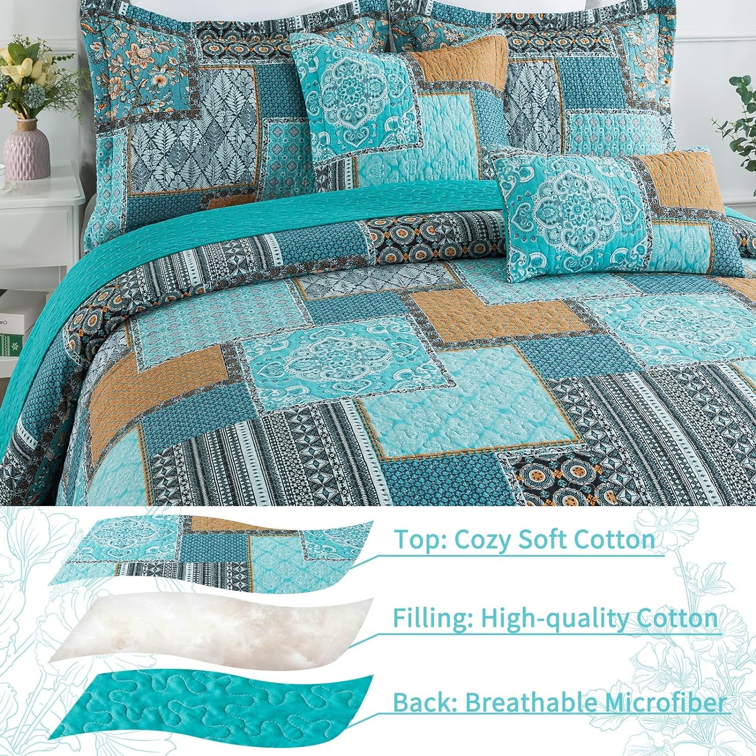 King Size Quilt Bedding Set - Soft Cotton King Size Bedspreads (98 * 106 In) - Lightweight Patchwork Floral Quilts for Farmhouse Bedroom (Teal/Green Chic, 3 Pieces)