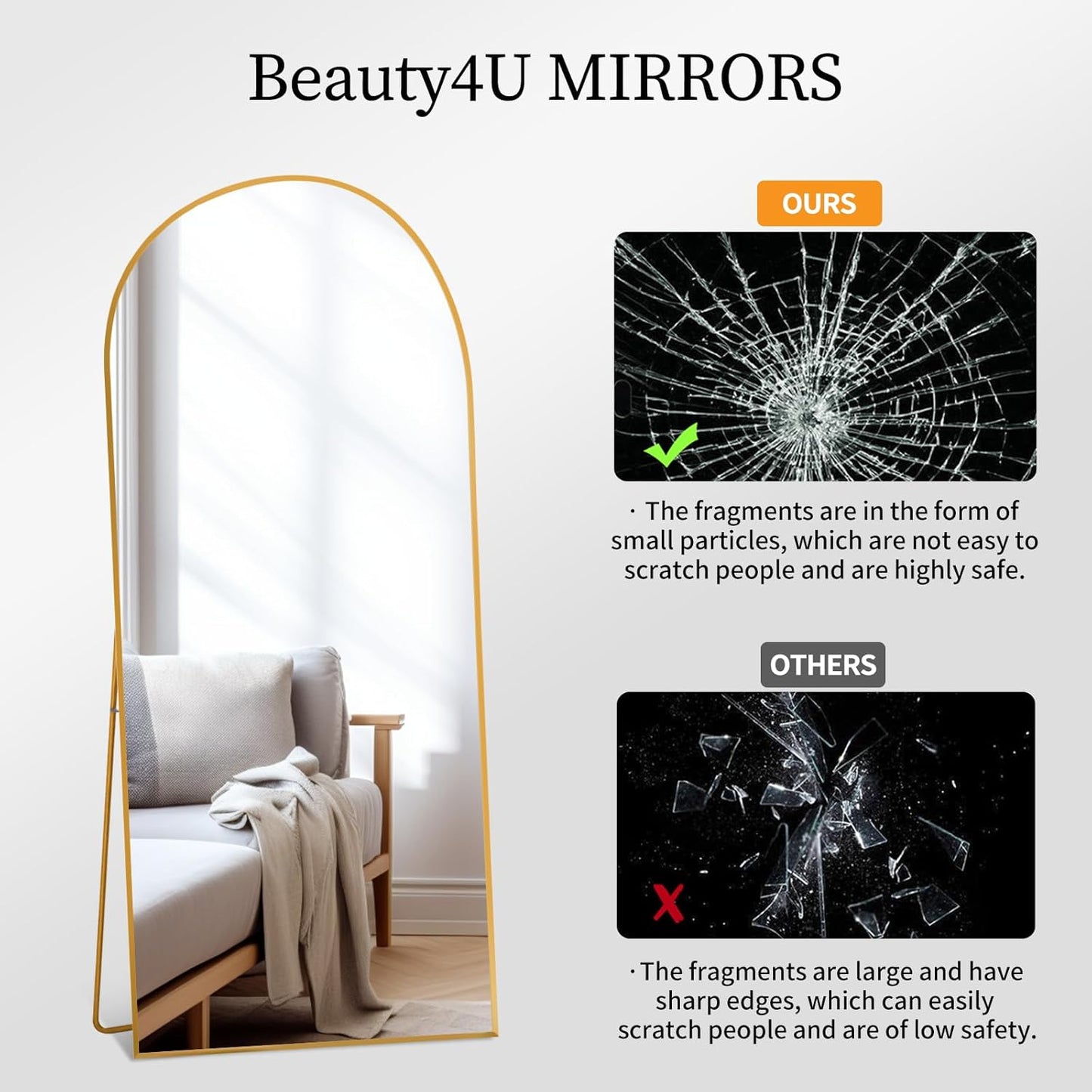 Arched Full Length Mirror Floor Mirror Standing or Leaning, Bedroom Mirror Dressing Mirror with Gold Aluminum Alloy Frame, 65" X 24"