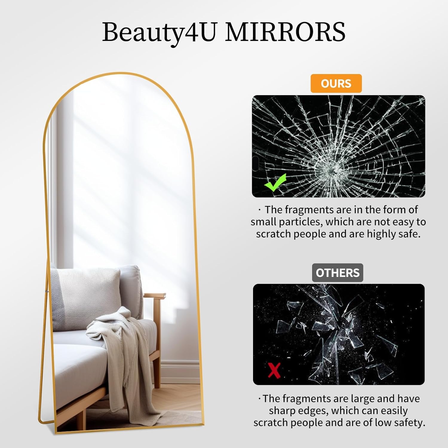 Arched Full Length Mirror Floor Mirror Standing or Leaning, Bedroom Mirror Dressing Mirror with Gold Aluminum Alloy Frame, 65" X 24"