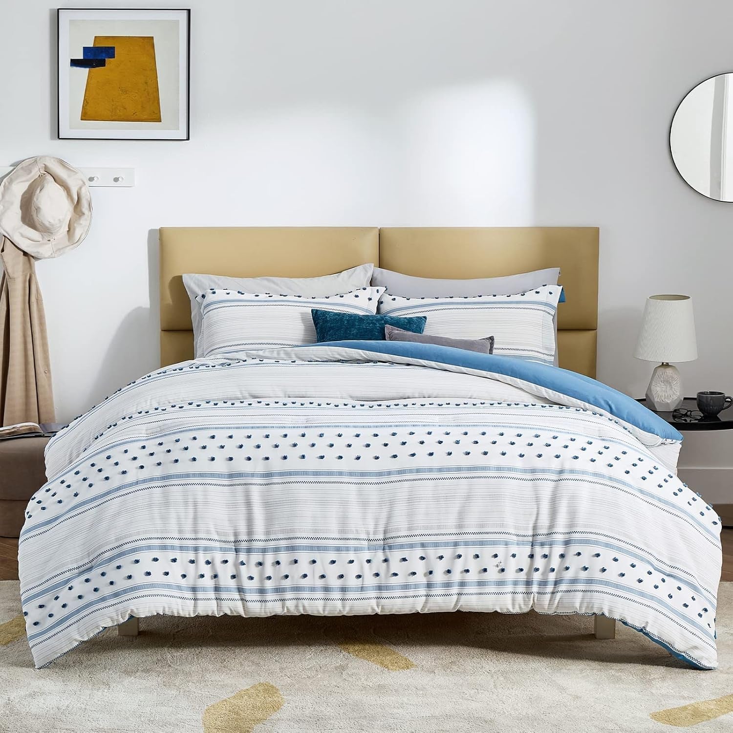 Boho Comforter Set Queen - Blue Lightweight Bedding Comforter Set, Reversible White Tufted Embroidery Farmhouse Home Decor for All Season
