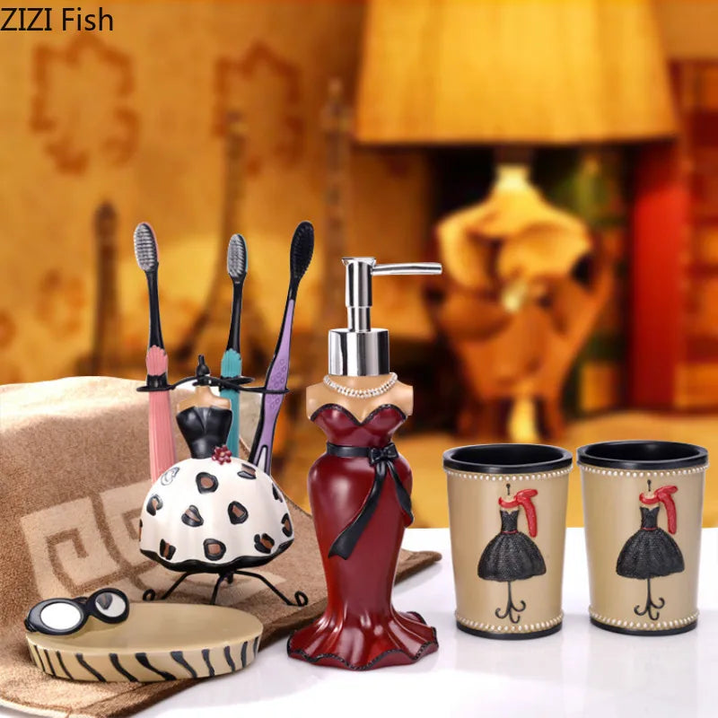 Emboss Bathroom Supplies Lotion Bottle Toothbrush Cup Resin Bathroom Five-Piece Suit Household Bathroom Accessories
