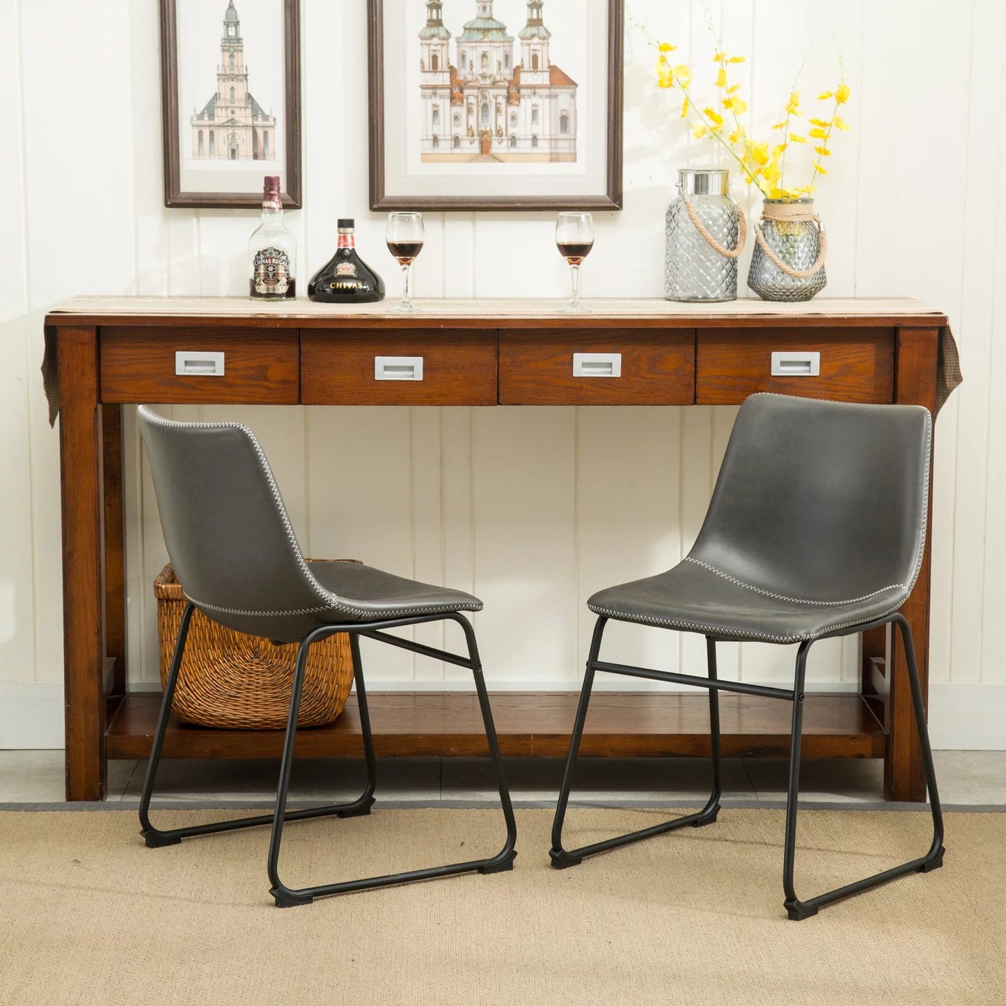 Lotusville Dining Chair, Set of 2, Faux Leather, Antique Gray