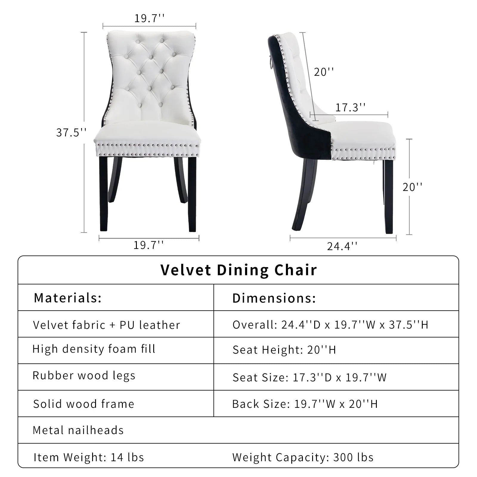 Dining Chairs Set of 2, Kitchen & Dining Room Chairs, Nailheads Tufted, Sillas De Comedor, White PU & Black Velvet Upholstered, Wood Legs (Two-Tone, 2 Pcs)