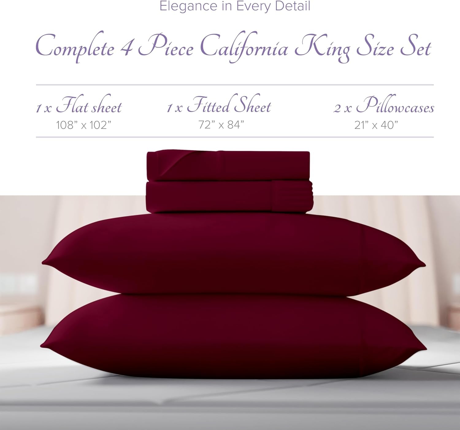 100% Egyptian Cotton Sheets - 600 Thread Count 4 PC California King Size Sheet Set, Soft, Cooling, High Thread Count, Extra Long Staple Luxury Bedding, Cal King Sheets - Burgundy