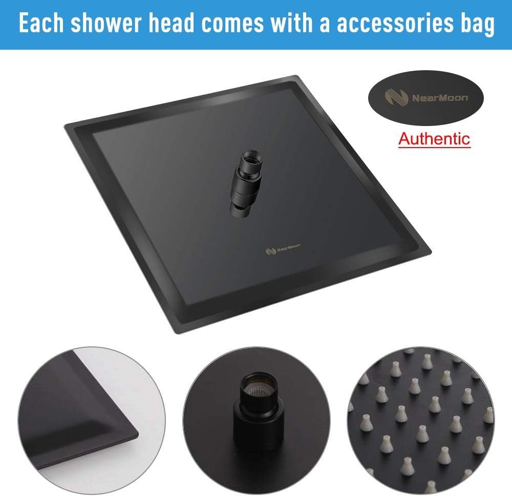 Rain Shower Head with Extension Arm,  Square Shower Heads, Large Stainless Steel Rainfall Showerhead-Waterfall Full Body Coverage (12 Inch Shower Head with 15 Inch Shower Arm, Matte Black)