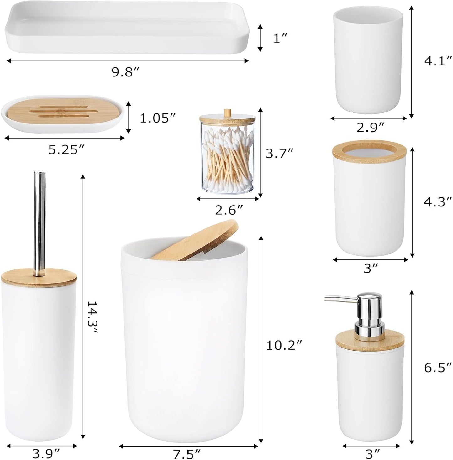9 Pieces Bathroom Accessory Set, White Bathroom Accessories Set with Trash Can, Tray, Soap Dispenser, Toothbrush Holder, Toothbrush Cup, Soap Dish, Toilet Brush and Q-Tip Holders for Bathroom