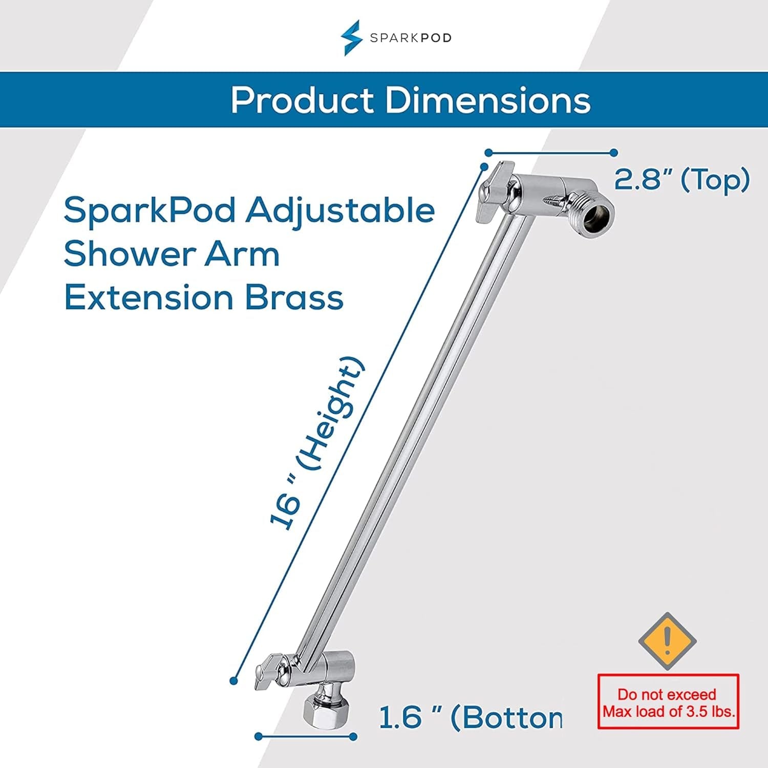 Shower Head Extension Arm - 16" Solid Brass Shower Arm Extension with Universal Connection to Showerheads - Easily Adjustable Shower Arm for Rain Showerheads (Luxury Polished Chrome)
