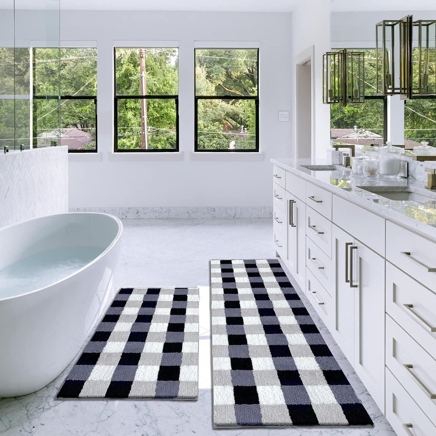 Buffalo Plaid Bathroom Rug Set 2 Pieces 20”X30”+20”X60”, Non Skid Washable Microfiber, Soft Absorbent Kitchen Rugs and Mats Set for Floor, Kitchen, Hallway, Bathroom, Laundry, Office