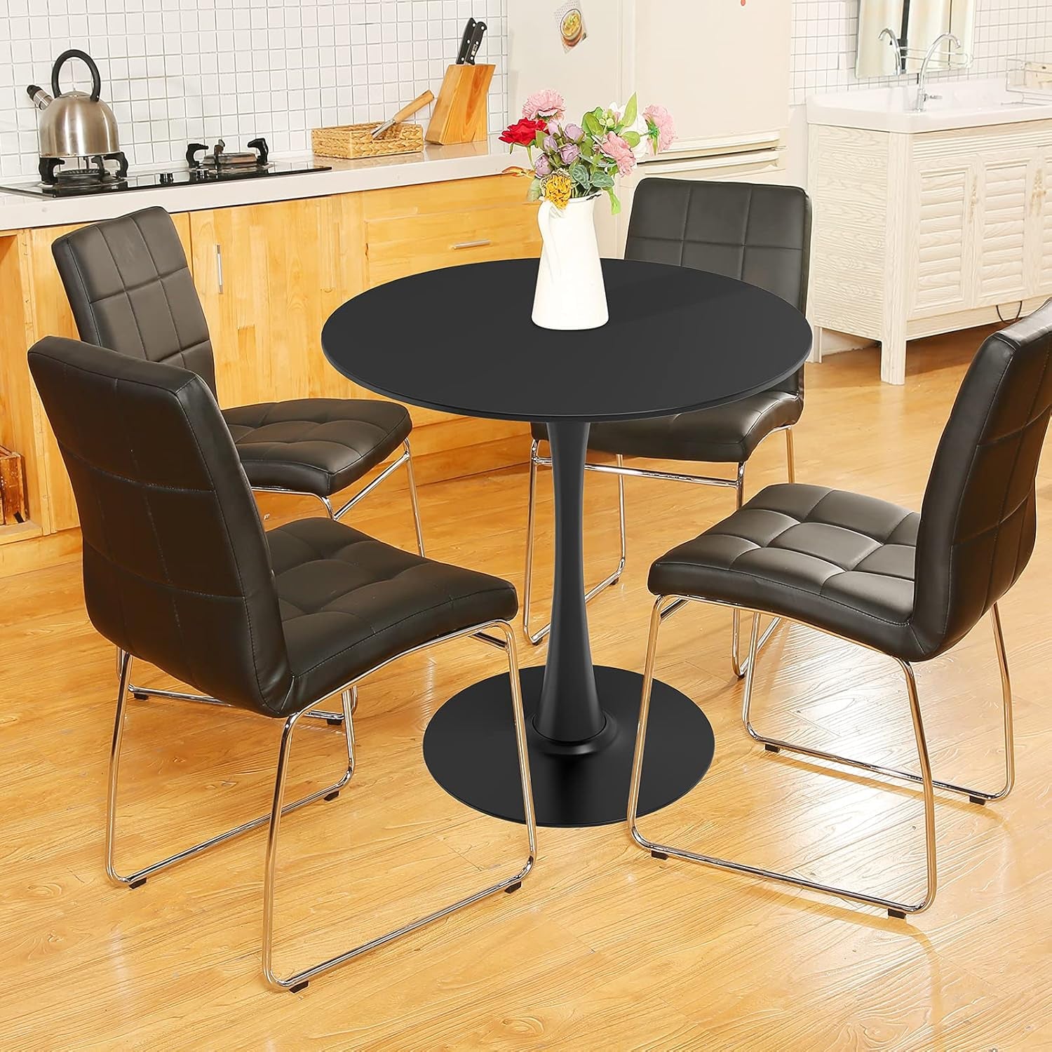 Black round Dining Table,Modern Tulip Dining Room Table with MDF Top,Metal Pedestal End Table Leisure Coffee Table Kitchen Table Small Office Table for 2 or 4 Person,31.5" W,29.5" H