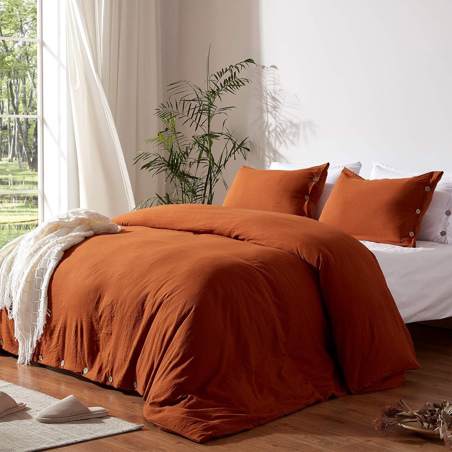 Burnt Orange Duvet Cover Sets Queen Size 3 Piece Double Brushed Microfiber Queen Duvet Cover with Button Closure & Corner Tie 1 Breathable and Soft Duvet Cover 90X90 Inches + 2 Pillow Shams