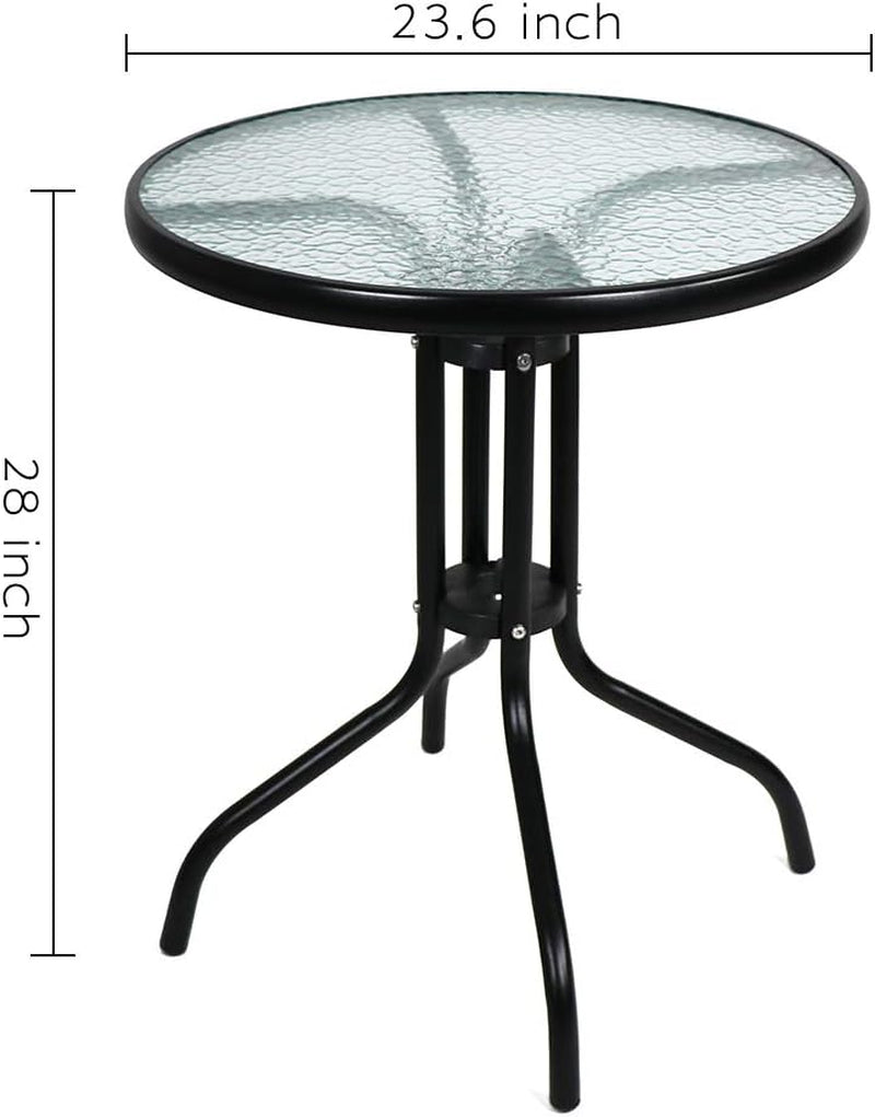24" Patio Dining Table round Bistro Table Outdoor Furniture Garden Table with Frame Tempered Glass Top for Backyard Lawn Balcony Pool, Black