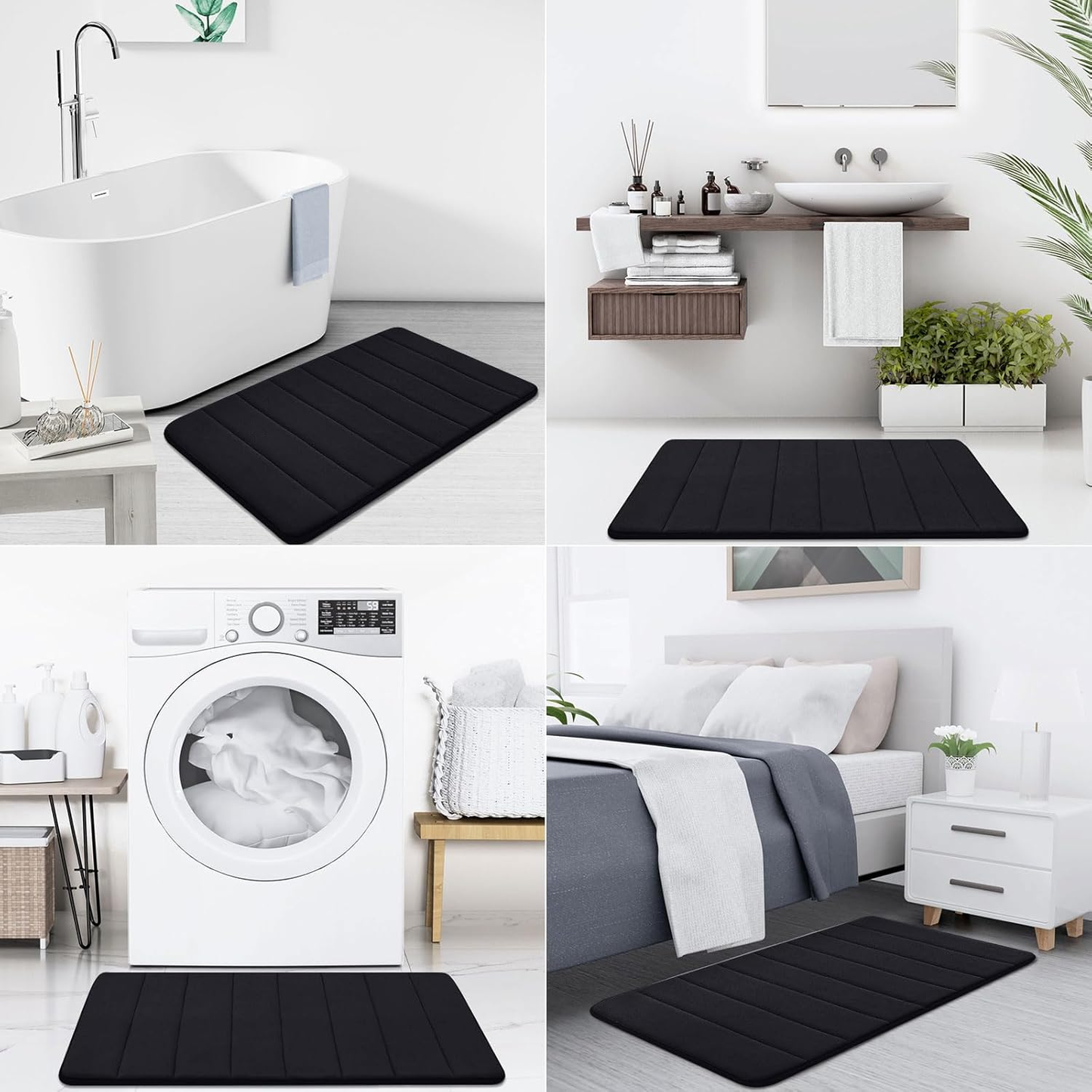Memory Foam 3 Pieces Bathroom Rugs Set - Thick Soft Absorbent Non-Slip Bath Mats, Washable Small/Large/Contour Bath Rugs, Black