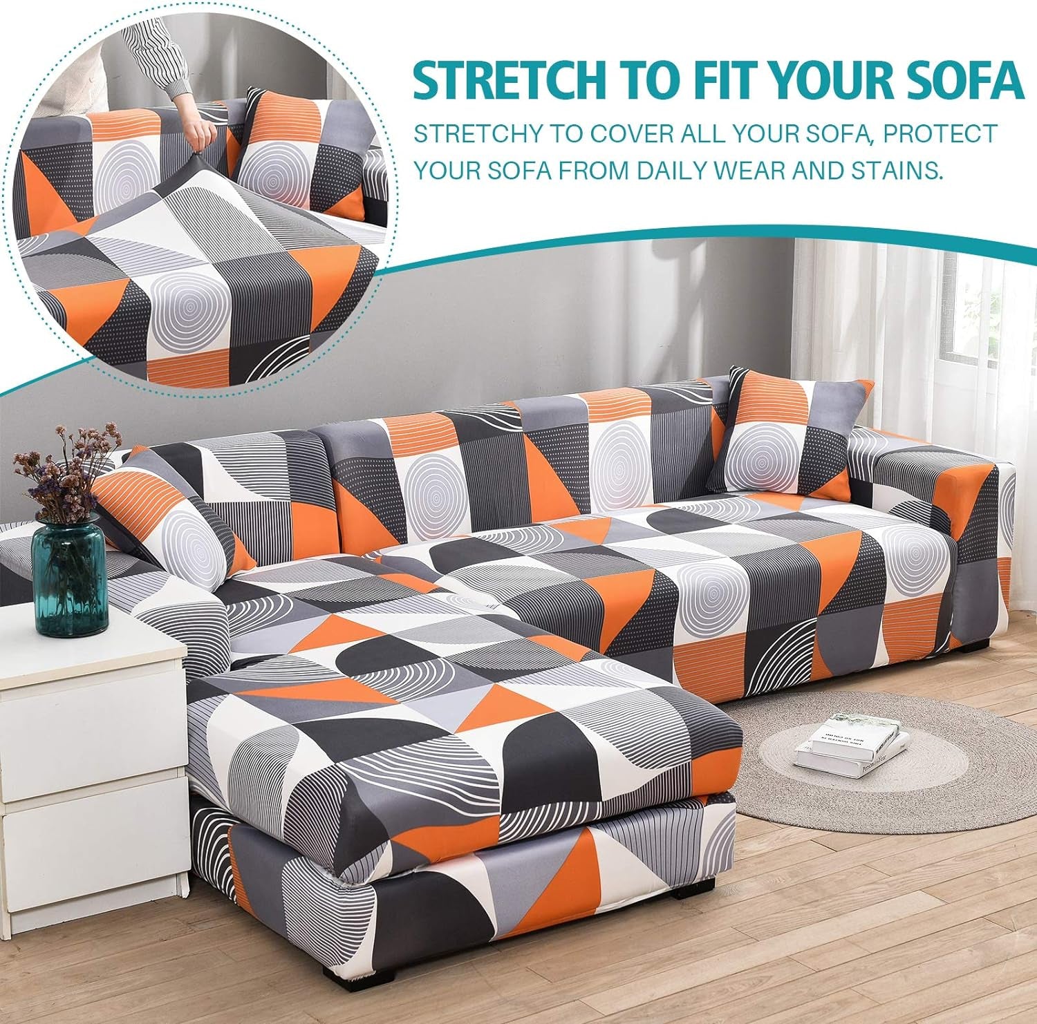 L Shape Sofa Cover Sectional Couch Slipcover 2 Piece Stretchy Elastic 3 Seater Chaise Sofa Furniture Protector Slip Covers with 4Pcs Pillowcases for Living Room Pets Kids (Style-3063)
