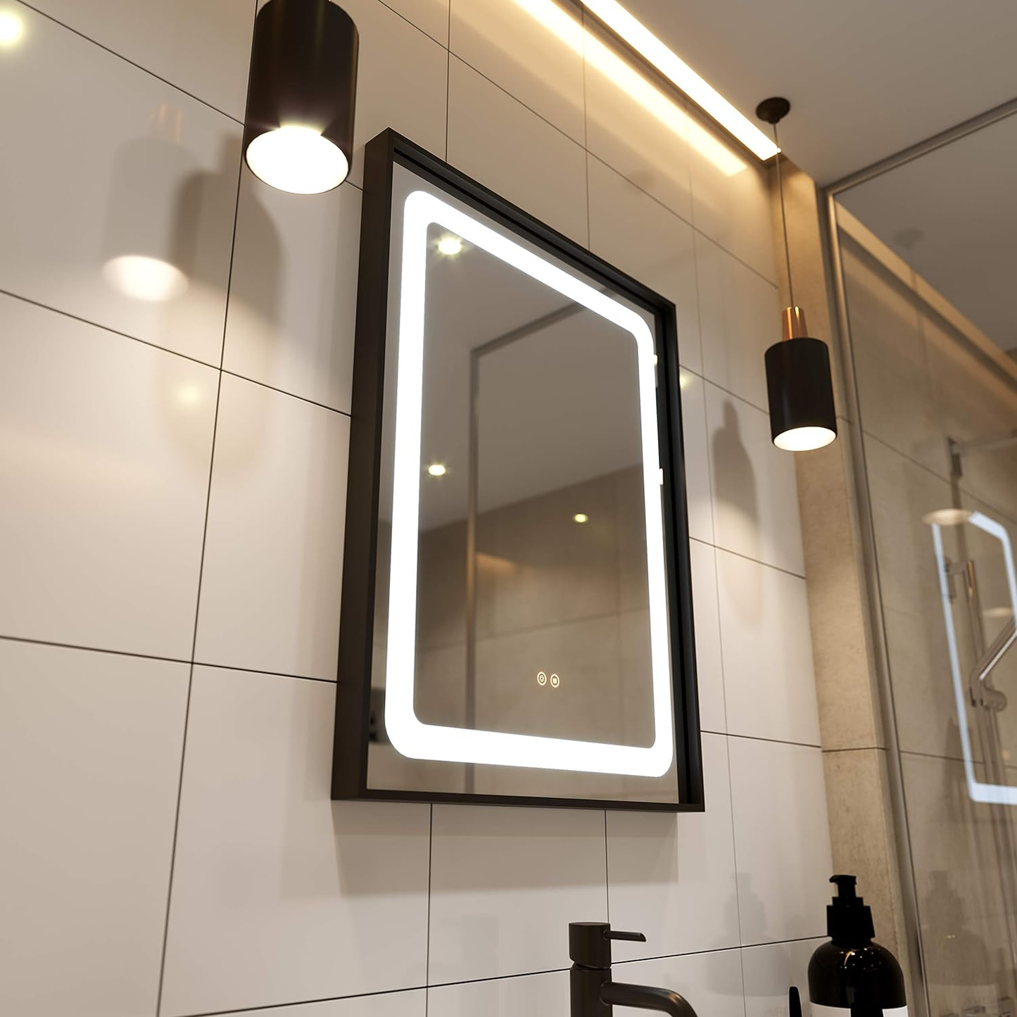 24 X 32 Inch LED Lighted Bathroom Mirrors, Wall Mounted Black Frame White Light Dimmable Defogger Memory Button Waterproof CRI>90, Vertical & Horizontal