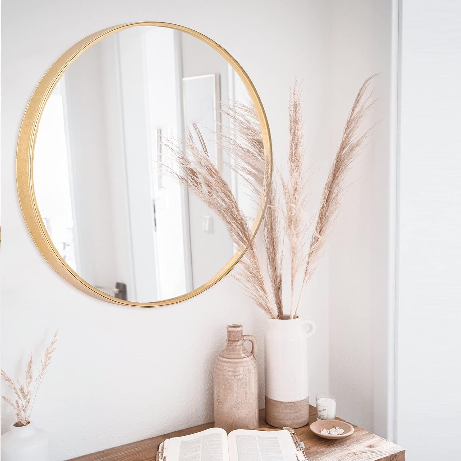 Leather Frame round Wall Mirror,24 Inch Large Circular Mirrors Wall Hanging Brass Circle Wall-Mounted Mirrors for Bathroom,Bedroom,Living Room(Gold Mirror)