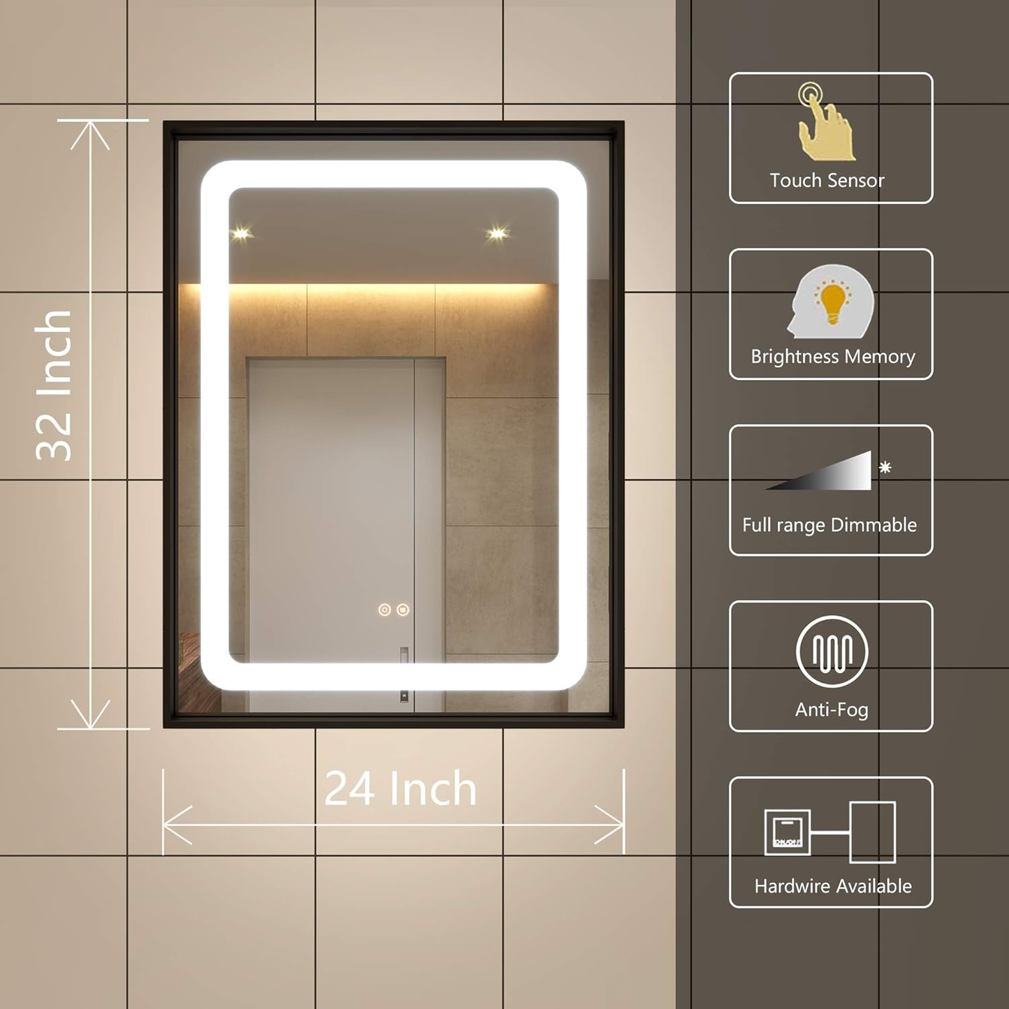 24 X 32 Inch LED Lighted Bathroom Mirrors, Wall Mounted Black Frame White Light Dimmable Defogger Memory Button Waterproof CRI>90, Vertical & Horizontal