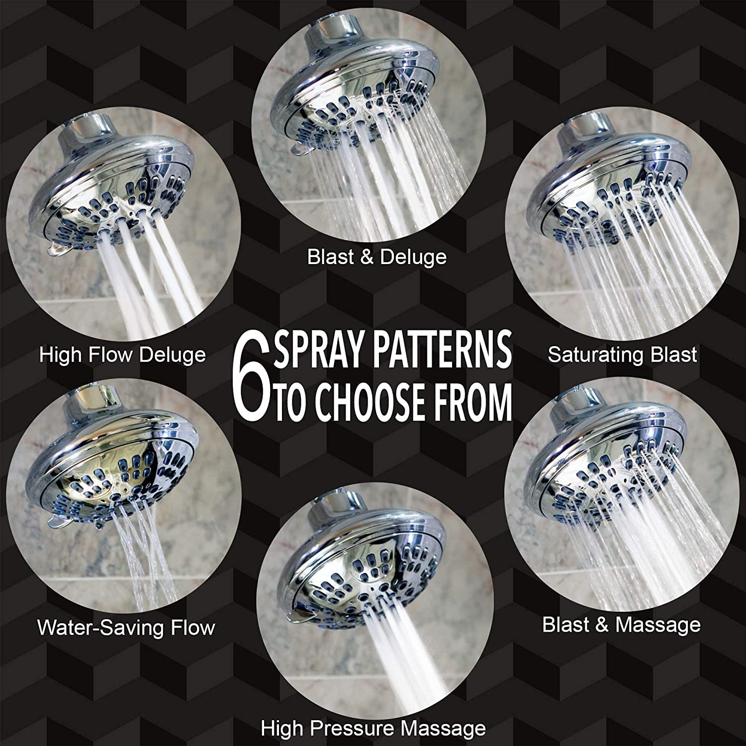 6 Function Shower Head - High Pressure Boosting Adjustable Showerhead for Low Flow Showers, 1.8 GPM - Chrome & California Certified
