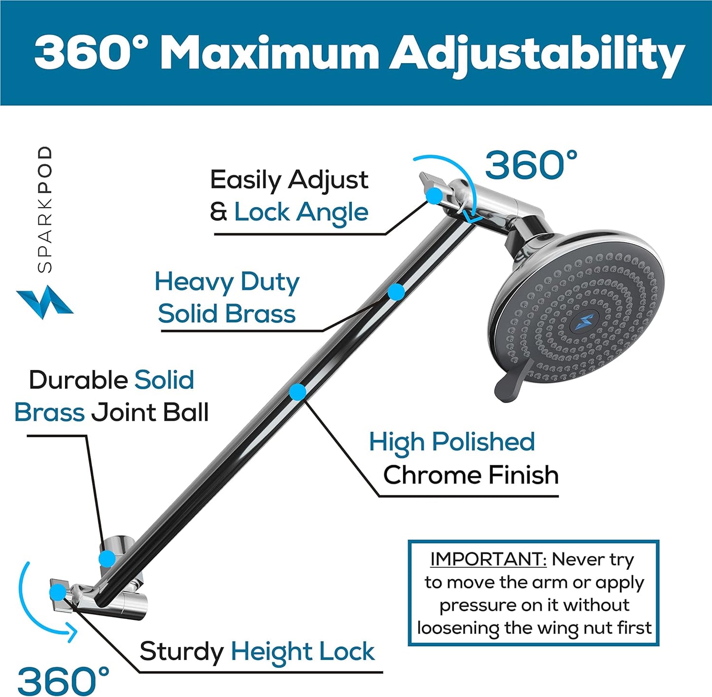 Shower Head Extension Arm - 16" Solid Brass Shower Arm Extension with Universal Connection to Showerheads - Easily Adjustable Shower Arm for Rain Showerheads (Luxury Polished Chrome)