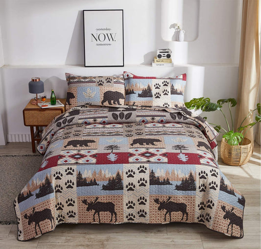 Lodge Bedding Set King Size Rustic Cabin Quilts Moose Bear Bedspread Cottage Coverlet with Sham Soft Lightweight All Season Bed Set, 1 Quilt 2 Pillow Shams
