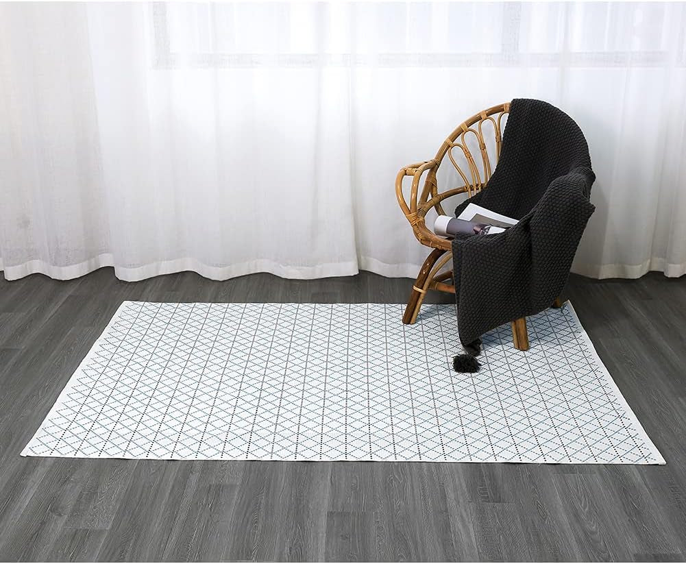 Cotton Woven Area Rug Farmhouse Kitchen Rug 4X6 Feet, Washable Boho Small Rug for Bathroom Outdoor Patio Entryway, Tribal Throw Rug Flatwoven Floor Carpet Door Mat 4'X6', Moroccan Pattern Blue Cream